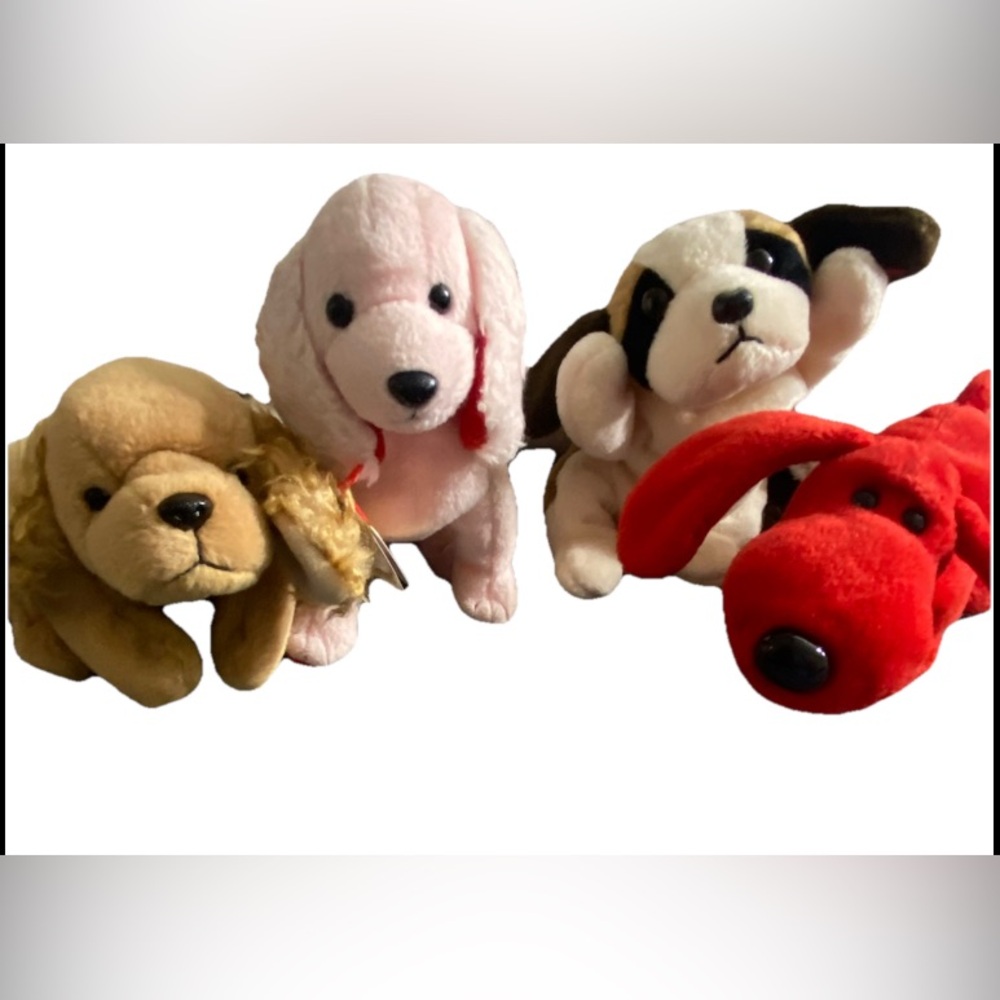 Vtg 1990s TY Beanie Babies Lot Spunky, Sonnet, Bernie & Rover Dog Plush
